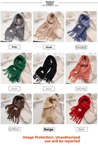 Color matrix showing cable knit wool scarves with tassels and fabric labels in nine hues