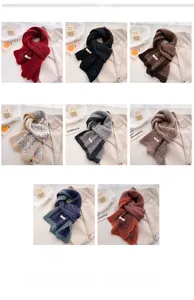 Detail view of multi-color wool knit scarves with fringe edges and small fabric labels