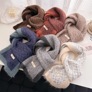 Soft Wool Blend Winter Knit Scarf Color Block Letter Label Warm Thick Long Shawl Wrap For Women Versatile Fashion