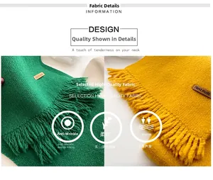 Detail of green and yellow knitted scarves showing soft fabric texture and handmade label