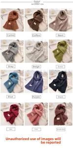Detailed grid view showing 12 color options of chunky wool blend knit scarves with tags
