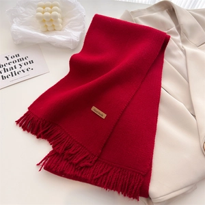 Close-up of red knitted scarf with fringe and a Hand Made leather label on a coat