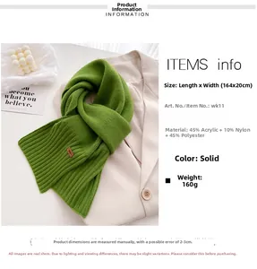 Detail showing grass green knit scarf dimensions 164x20cm and 160g weight specifications
