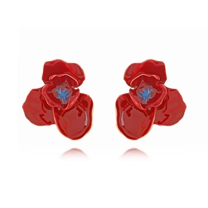Boucles d'oreilles fleurs 3D en émail rouge avec détails bleus et métal poli