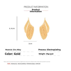 Detail specifications of golden zinc alloy leaf-textured earrings with 6.4x3cm dimensions