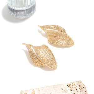 Detailed view of gold-plated earrings with vintage hollow geometric leaf texture