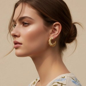 Boucles D'oreilles Créoles Rétro En Forme De C En Alliage Design Texturé Nervuré Avec Tige En Acier Inoxydable Bijoux Pour Femmes