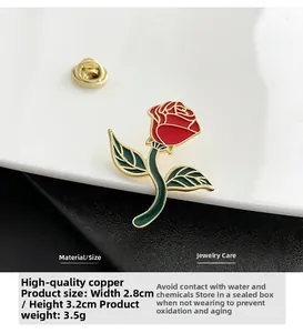 Detailed view of rose brooch made of premium copper with red and green enamel coating