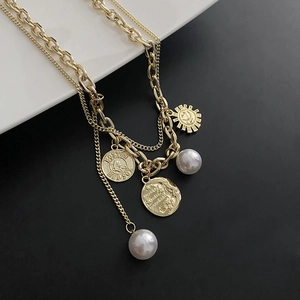Retro hip-hop gold layered necklace with pearl and Boston Red Sox coin pendants