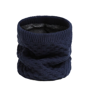 Navy blue checkered knit neck warmer with soft gray fleece lining for winter warmth