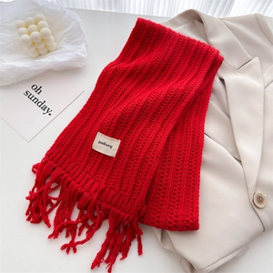Close-up of red knit wool scarf with tassel fringe detail and white decorative logo tag