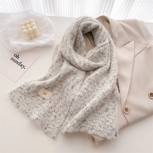 Detailed close-up of wool knit scarf texture with ins label and minimalist decor