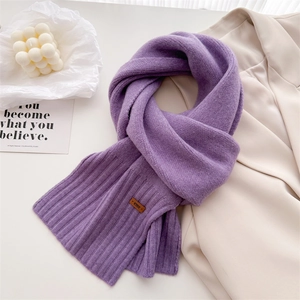 Damen Weicher Strickschal Winter Warm Wollmischung Pashmina Einfarbig Gerippter Schal Mit Buchstaben-Patch Mode Halswärmer