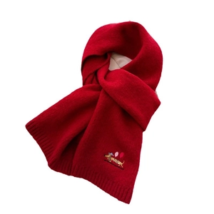 Red knit scarf with embroidered dachshund puppy and balloon pattern for winter warmth