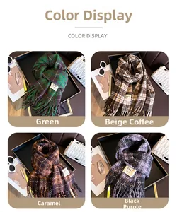 Detail showing four plaid tassel scarves in green, beige, caramel, and black purple hues