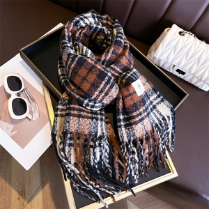 Classic coffee and black checkered cashmere-feel scarf with fringe and brand label