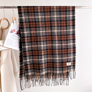 Close-up of brown plaid scarf with long tassels hanging against a clean wall background
