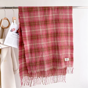 Close-up of pink plaid scarf with fringe and brand label on a coat hanger