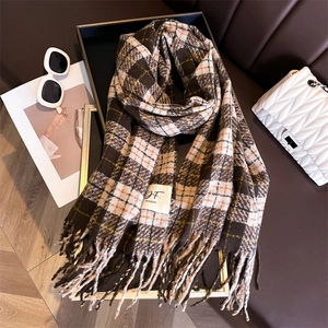 Close-up of thick plaid scarf with tassels and logo tag in a stylish lifestyle setting