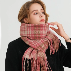 Pink and beige plaid cashmere-like scarf with fringe tassels for winter warmth