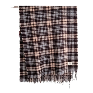 Classic plaid knit scarf with fringes and brand label in black, beige and blue tones