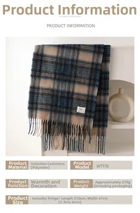 Detailed view of tricolor plaid scarf with fringe and 210x47cm size specification