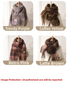 Detailed grid view of plaid scarves with long fringes and soft wool-like texture in four colors