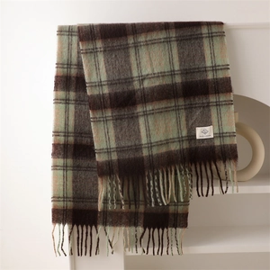 Close-up of mint green and brown plaid scarf with fringe tassels and brand label