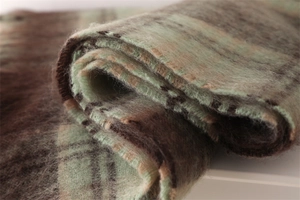 Close-up of thick checkered scarf showing long plush texture and mint green plaid details