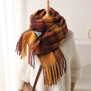 Retro plaid cashmere-like shawl scarf with tassels in ginger and red for winter