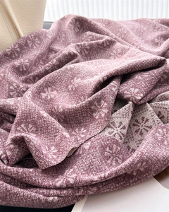 Detail of soft purple jacquard scarf featuring snowflake pattern and knit texture
