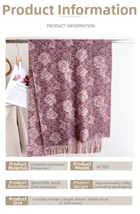 Detailed view of purple floral jacquard scarf with tassels measuring 206x64cm