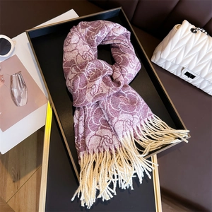 Elegant purple cashmere-like scarf with floral jacquard pattern and long tassels
