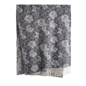 Elegant cashmere-feel floral shawl with grey rose patterns and cream fringes