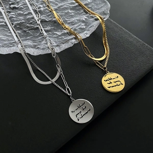 Layered Necklace Titanium Steel Round Coin Pendant Letter Engraved Snake Chain Paperclip Minimalist Jewelry Women