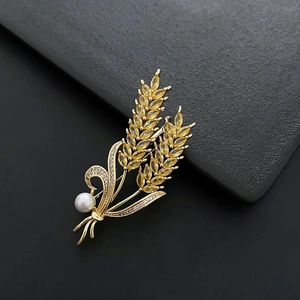 Broche Épi de Blé Élégante Avec Künstliche Perle Zircon Jaune Bijoux en Cuivre Plaqués Or pour Femmes Mariage Fête Accessoires de Vêtements