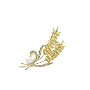 Broche épi de blé élégante avec pierres jaunes et perle blanche dorée