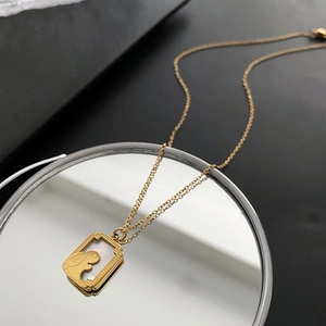 Stainless Steel Mother Of Artificial Pearl Rabbit Pendant Necklace Rectangular Tag Clavicle Chain Vintage Elegant Jewelry For Women