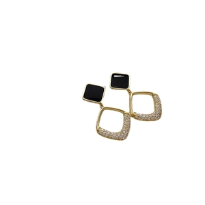 Elegant geometric square earrings with black studs and sparkling zircon paved frame