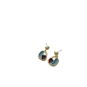 French vintage hammered gold earrings with tricolor enamel in blue white and purple