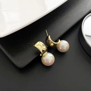 Minimalist S925 silver needle gold metallic curved drop earrings with large white pearls