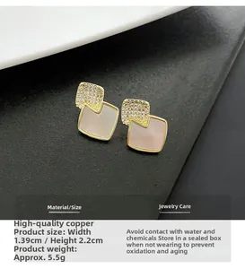 Detail shot of geometric square earrings with pink shell texture and small zircons