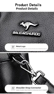 Dettaglio del logo canguro argento e gancio in metallo su borsa in pelle nera