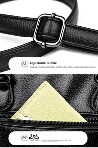 Dettaglio della fibbia metallica e tasca posteriore con zip su borsa in pelle nera