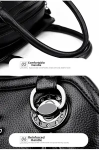 Dettaglio borsa in pelle nera con fibbie in metallo argentato e manici rinforzati