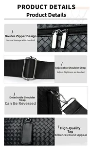 Detailansicht der Reisetasche aus gewebtem Leder mit Doppelreißverschluss und Gurt