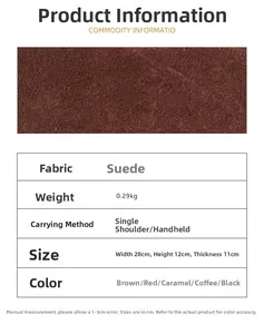 Tabella taglie borsa baguette in camoscio con dimensioni 28x12x11cm e cinque colori diversi