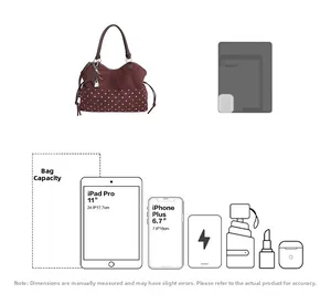 Detail view of burgundy polka dot tote bag showing size comparison with iPad and phone