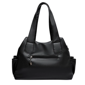 Classic black large capacity leather tote bag with pebble texture and side pockets