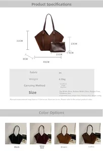 Detailed size chart for vintage PU tote and pouch set with dimensions and color options